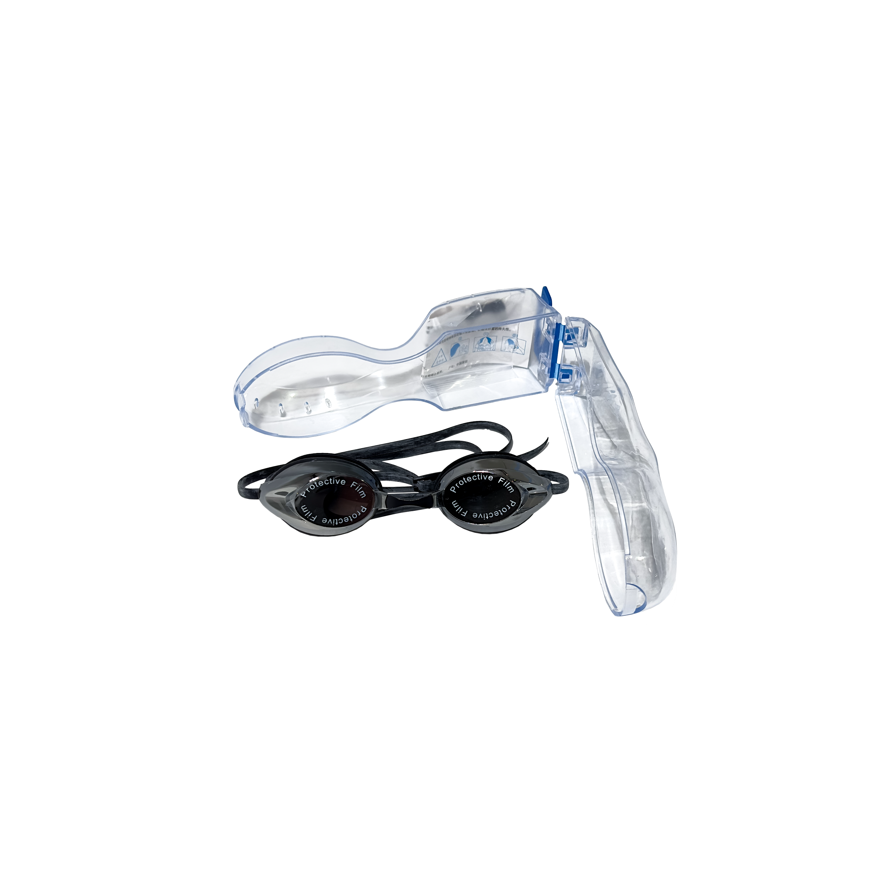 Smoke/mirror swim goggles with open hard protective case — product view