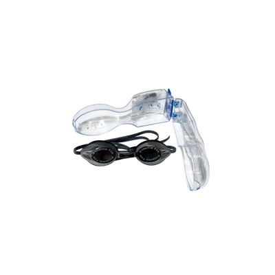 Smoke/mirror swim goggles with open hard protective case — product view